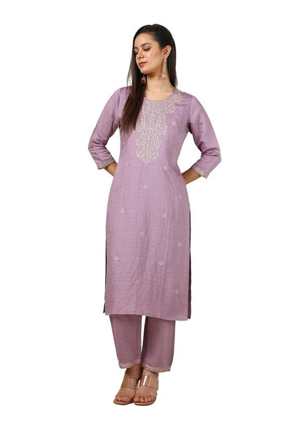 Soch Womens Purple Muslin Blend Woven Design Kurta Set With Thread Work