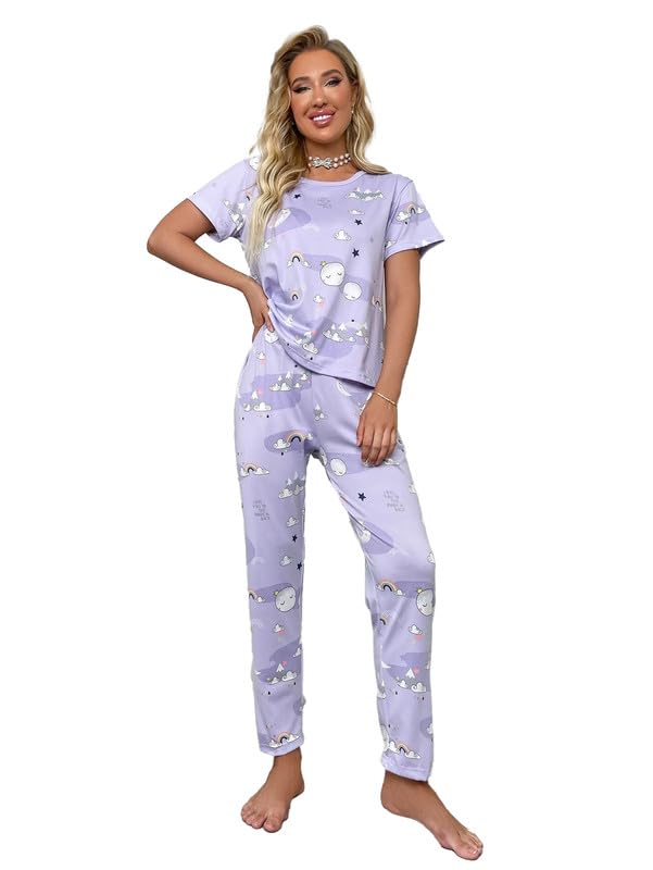 SMOWKLY Printed Round Neck Short Sleeve Night Suit Set for Women  Soft Pajama Set | Comfortable Cotton Blend Night Dress & Sleep