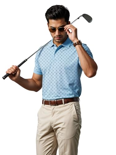 Mens Cotton Printed Polo Tshirt | 220 GSM Interlock Fabric | Slim Fit | Skin-Friendly Ink | Sky Blue Golf-Inspired Pattern T Sh