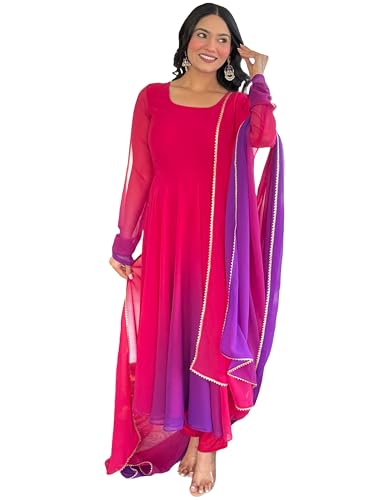 Gosriki WomenS Georgette Anarkali Solid Kurta With Pant & Dupatta (Sade Pink-Vks02-Gs_Xxl_Pink_Xx-Large)
