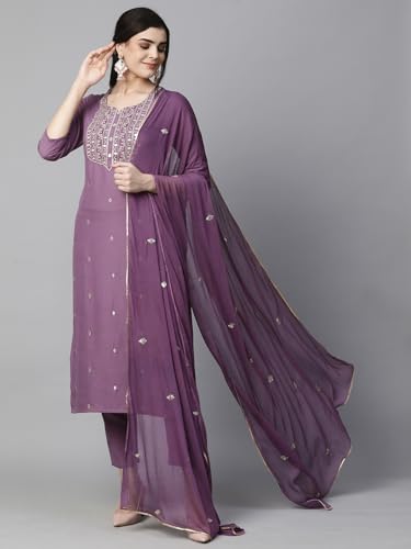 GoSriKi Womens Cotton Blend Embroidered Straight Kurta with Pant & Dupatta (Kasturi Purple-NGT-GS_XXL_Purple_XX-Large)