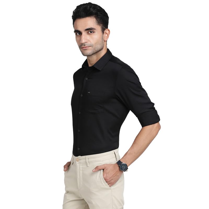 Turtle Men Cotton Stretch Black Solid Slim Fit Casual Shirts
