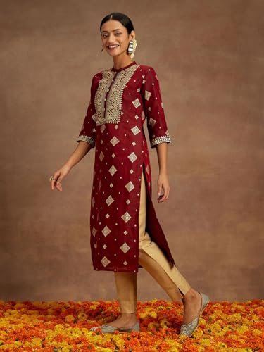 Libas WomenS Chanderi Woven Design Straight Kurtas (26526_Maroon