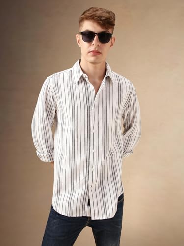 Dennis Lingo Men White 100% Cotton Full Sleeve Spread Collar Stripes Shirts