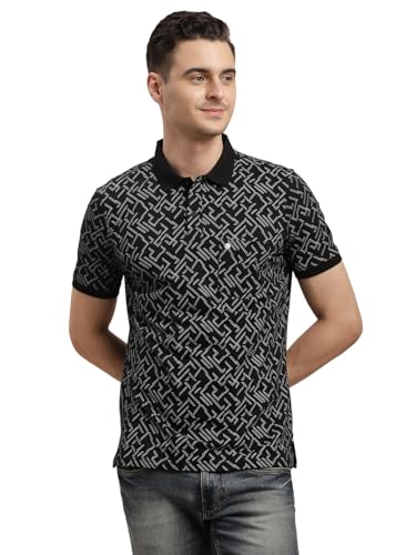 Turtle Men Slim Fit Black Printed Cotton Stretch Polo T-Shirt