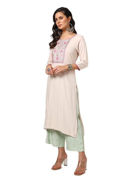 Soch Womens Beige Rayon Embroidered Kurta With Thread Work