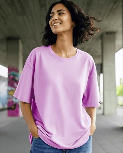 Bewakoof Womens Loose Fit Solid Lavender Round Neck Half Sleeve T-Shirt