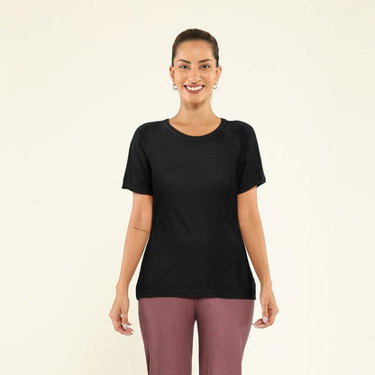 BlissClub Pointelle at-Ease CottonKnit Top | 100% Cotton top| Breathable | Ventilation Panels | Short Sleeves