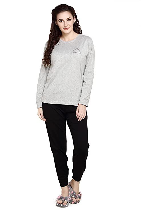 Evolove WomenS Cotton Full Sleeves Round Neck Night Suit Set/Top Pyjama Set Super Soft Comfortable (Grey & Black, Wtskly1390Gy-
