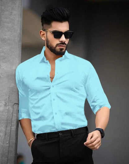 Tee Projekt Shirt for Men Cotton Plain Spread Collar Casual Shirt Parfect for ormal Wear, Home Wear, Office Wear Blue