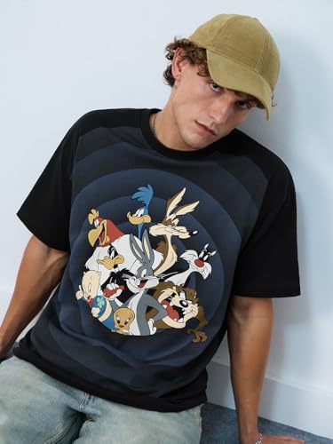 The Souled Store Looney Tunes: Going in Circles Men and Boys Short Sleeves Round Neck Black Graphic Printed Cotton Oversized T-S