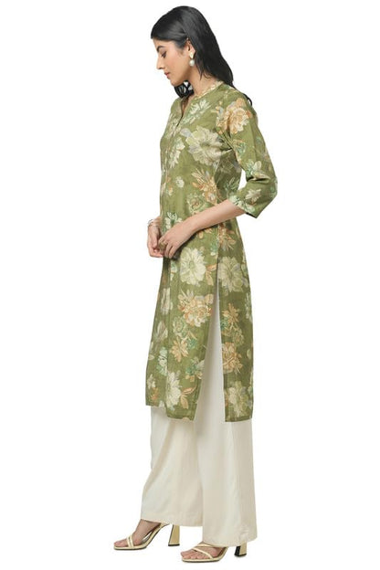 Soch Womens Olive Tissue Floral Print Kurta