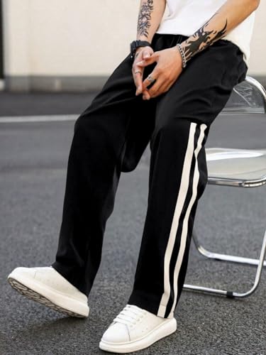 AVANOVA Mens Black Striped Sports Track Pants  Loose Fit Casual Trousers with Drawstring Waist, Straight-Cut Outdoor Running &