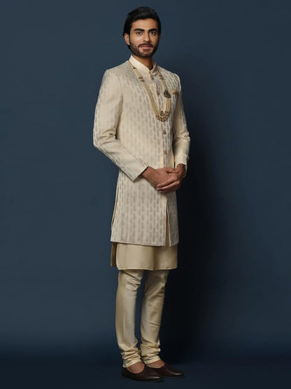 Kisah MenS Kurta Sherwani Churidar Set Indo-Western, Cream Cotton Blend, Self Design Long Sleeves Regular Fit Mandarin Collar (