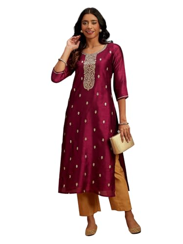 Libas Purple Embroidered Silk Straight Kurti