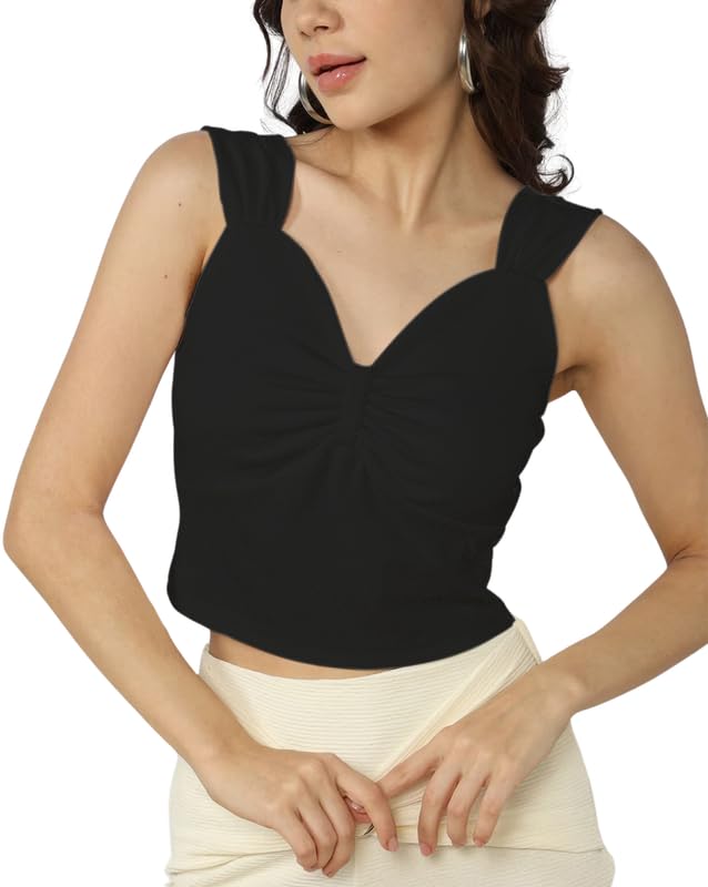 SMOWKLY Womens Premium Valentino Made Stylish Bow Pleated Crop Top | Sweetheart Neck & Strappy Singlets | Going Out Summer Tank