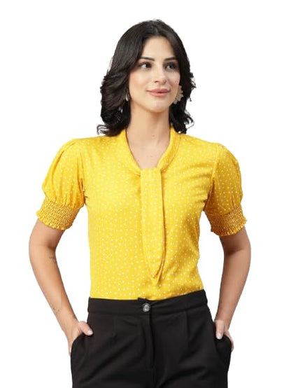 Style Quotient Women Polka Printed Yellow White Polycrepe Semi Formal Top