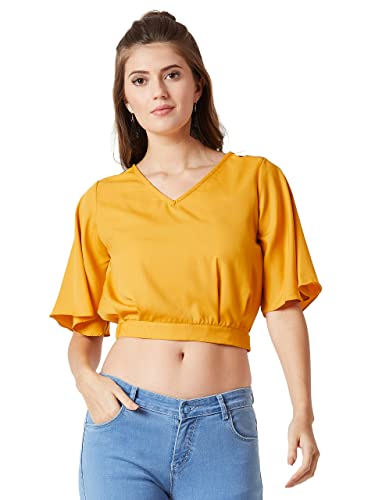 Miss Chase WomenS Yellow V-Neck Flared Sleeves Solid Blouson Cropped Top (Mcss19Tp12-51-183-03,Mustard Yellow,S)