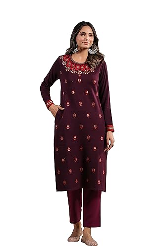 ishin Women's Mauve Jacquard Style Ethnic Motifs Straight Winterwear Kurta