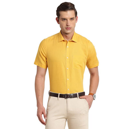 Turtle Men Cotton Linen Yellow Plain Regular Fit Half Sleeve Formal Shirt
