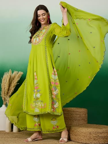 Serona Fabrics WomenS Faux Georgette Thread Embroidered Work Kurta With Palazzos & Dupatta