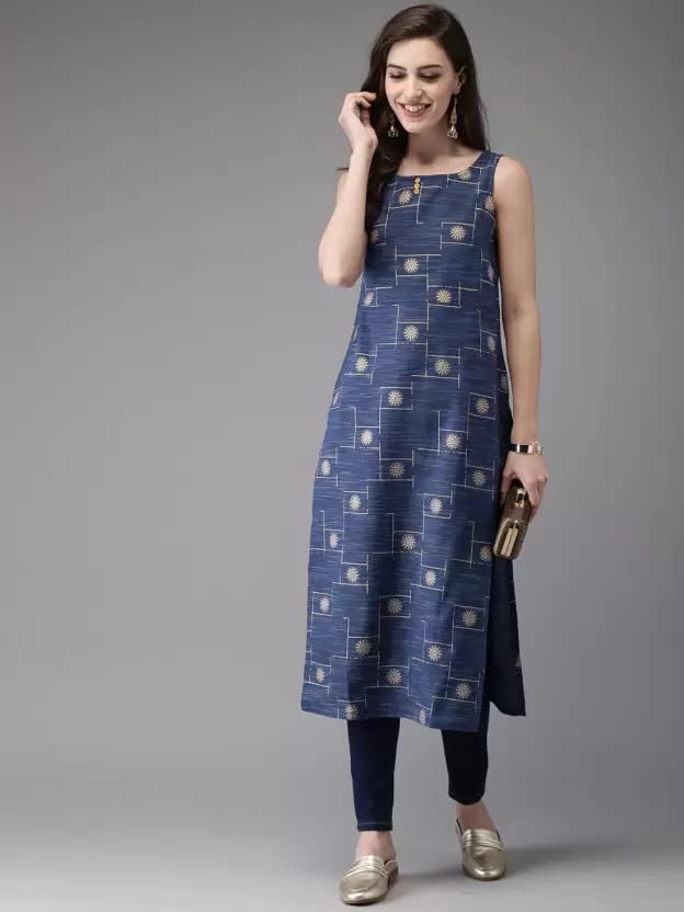 Patlani WomenS Cotton Blened Sleeveless Printed Full Stitched Kurti.(K-199) Blue