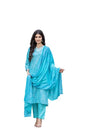 Varanga Women Printed Blue V Neck Embroidered Kurta With Printed Bottom And Dupatta