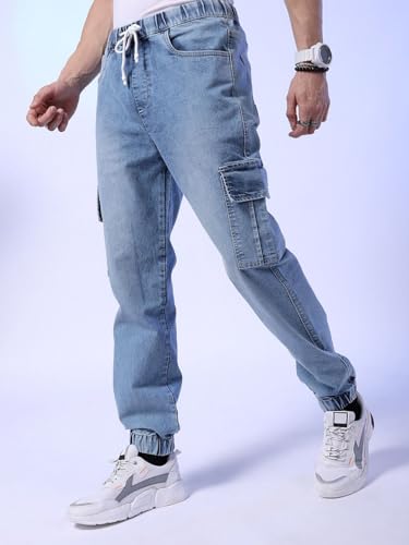 The Indian Garage Co Men Regular Fit Solid Mid-Rise Stretchable Denim Cargo Joggers