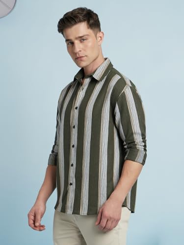Dennis Lingo Men Cotton Blend Relaxed Fit Striped Shirts Olive