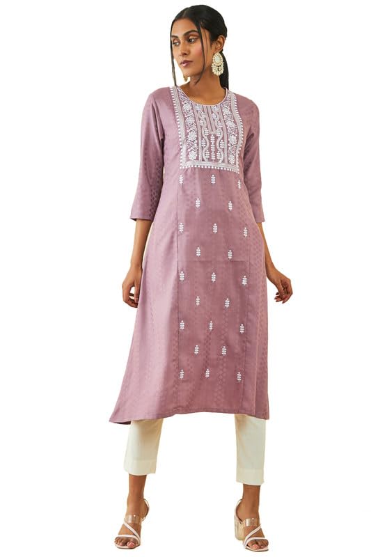 Soch Womens Purple Rayon Panelled A-Line Kurta With Floral Embroidery
