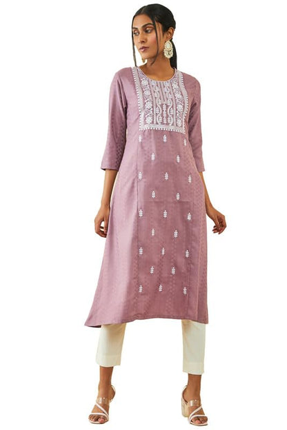 Soch Womens Purple Rayon Panelled A-Line Kurta With Floral Embroidery