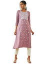 Soch Womens Purple Rayon Panelled A-Line Kurta With Floral Embroidery