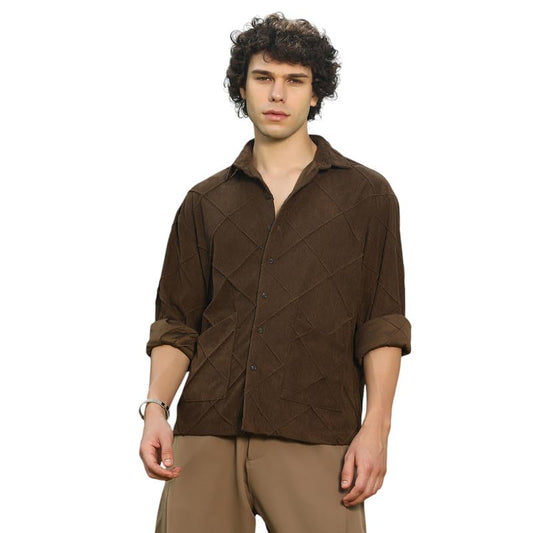 Campus Sutra Mens Coffee Brown Crosshatch-Tactile Oversized Shirt for Casual Wear | Spread Collar | Long Cuffed Sleeves | Butto