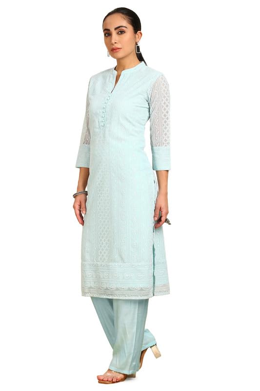 Soch Womens Powder Blue Paisley Embroidered Mandarin Collar Georgette Kurta