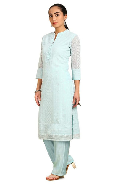 Soch Womens Powder Blue Paisley Embroidered Mandarin Collar Georgette Kurta