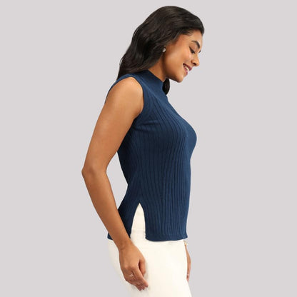 BlissClub Move All Day Sleeveless Top, 100% Cotton,Turtleneck Collar,High Side Slits,Versatile