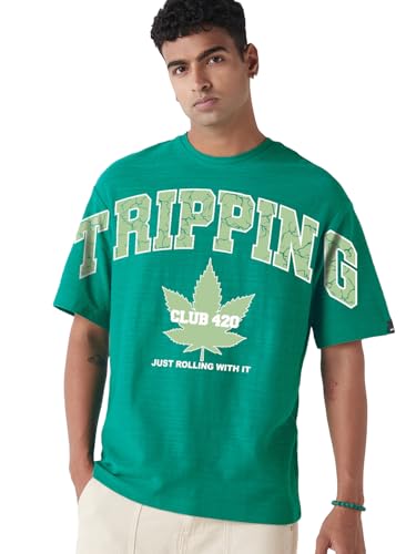 Bewakoof Air 1.0 Mens Graphic Print Oversized Fit Half Sleeve Round Neck Cotton T-Shirt_661987_Green_XL