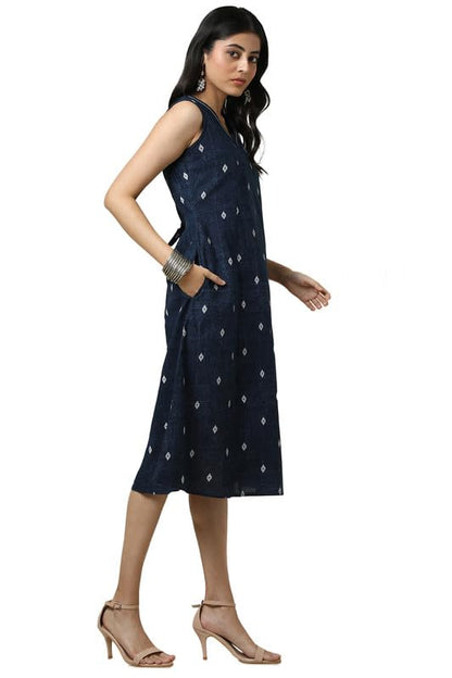 Soch Womens Indigo Cotton Slub Geometric Print Dress