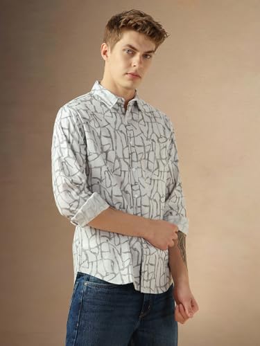 Dennis Lingo MenS Off White Cotton Spread Collar Long Sleeves Printed Shirts