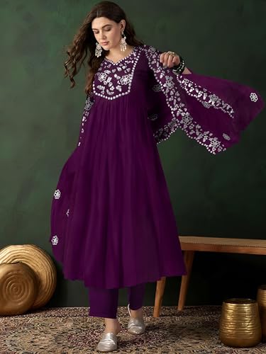 Toochki Women's Muslin Anarkali Embroidered Kurta with Palazzo & Dupatta