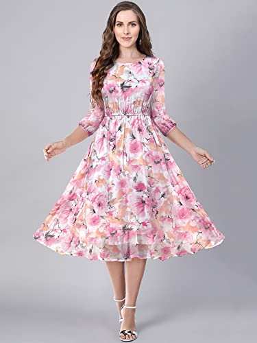 Toochki WomenS Pink Georgette Floral Fit & Flared Western Dress | Dress For Women | A Line Dress | Winter Dress | Western Dress
