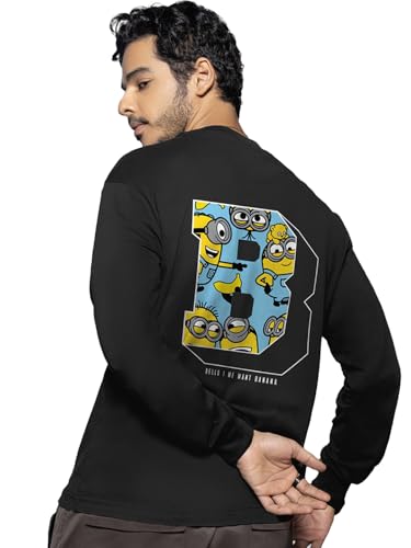 Bewakoof Mens Minions Me Want Banana Graphic Print Black Round Neck Long Sleeve Oversized Fit T-Shirt