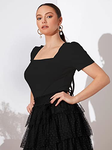 Shasmi Womens & Girls Black and Orange Solid Knitted Square Neck Regular Fit T-Shirts Short Puff Sleeve Tops (52 Pack 2 Black