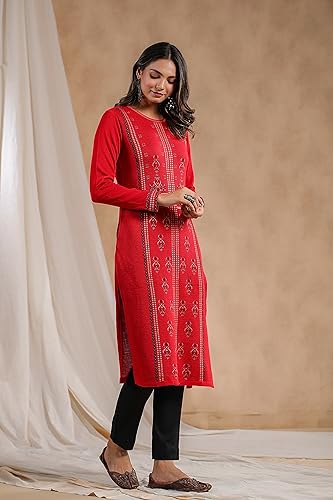 ishin Women's Red Jacquard Style Ethnic Motifs Straight Winterwear Kurta