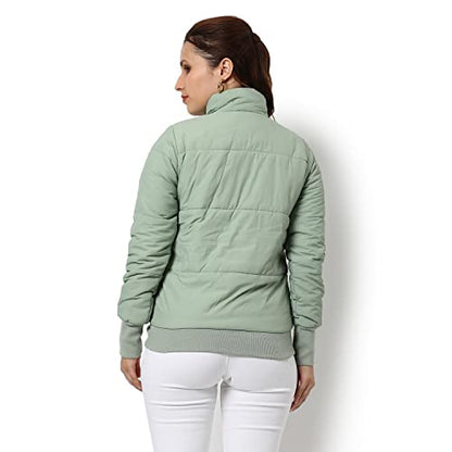 Campus Sutra Womens Light Green Puffer Regular Fit Bomber Jacket For Winter Wear | Standing Collar | Full Sleeve | Buttoned | C