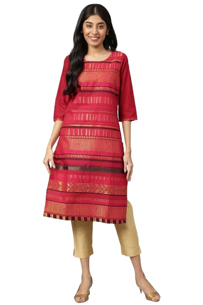 Aurelia Women'S 90% Cotton 10% Zari Regular Kurta (23Aua11695-300113_Pink