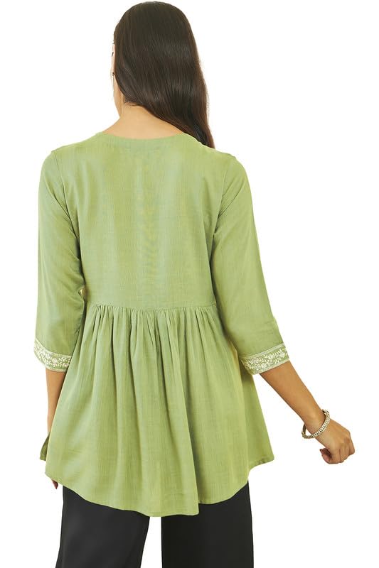 Soch Womens Green Rayon Slub Floral Embroidered Tunic with Sequin Embellishments