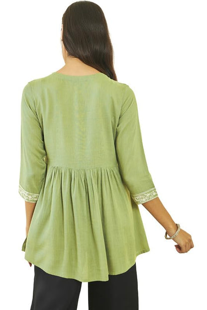Soch Womens Green Rayon Slub Floral Embroidered Tunic with Sequin Embellishments