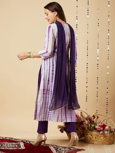 ANNI DESIGNER Womens Cotton Blend Straight Printed Kurta with Pant & Dupatta (Tiedye-BEGANI_5XL_Violet_XXXXX-Large)