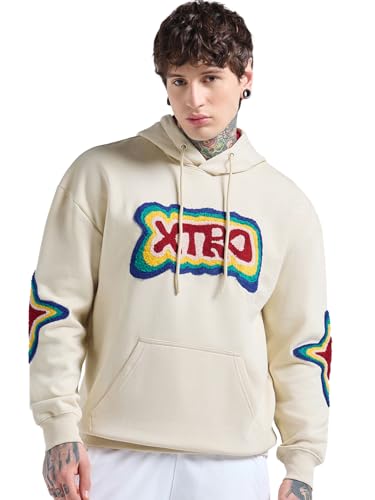 Bewakoof Heavy Duty 1.0 MenS Embroidered Oversized Fit Full Sleeve Hooded Cotton Poly Hoodies_682734_Beige_Xl